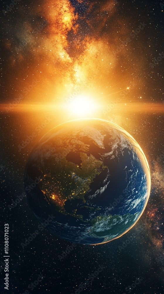 Obraz premium Stunning view of planet Earth from space with bright sunrise over American continent, glowing atmosphere and colorful nebula in deep space background, cosmic art.