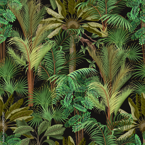 Seamless pattern with different palm trees. Tropical vector.