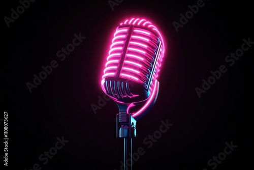 Retro Microphone Illuminated With Neon Pink Light