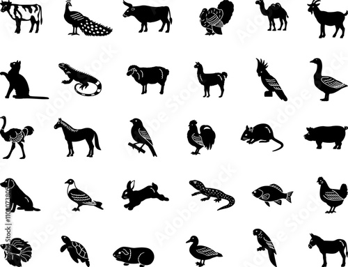 Black Domestic Animals Icons. Vector Illustrations Cow, Peacock, Bull, Turkey, Camel, Goat, Cat, Iguana, Sheep, Llama, Parrot, Goose, Ostrich, Horse, Rabbit, Mouse, Pig and Others photo