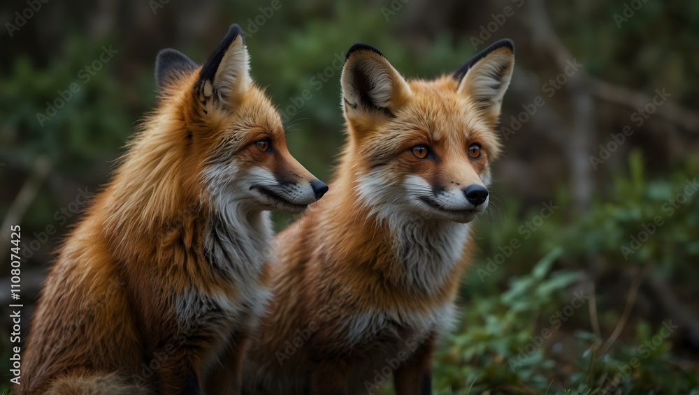 Naklejka premium Pair of red foxes in the wild.