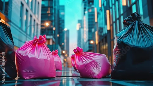Black and pink trash bags sit on a city street.