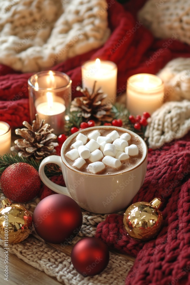 Cozy holiday scene with hot chocolate and marshmallows amid candlelit decor Cozy holiday scene with hot chocolate and marshmallows amid candlelit decor