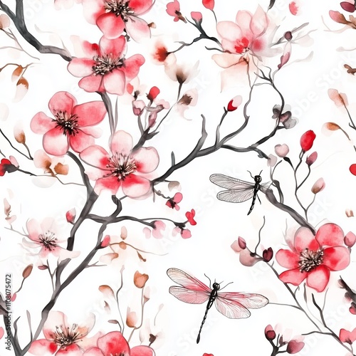 Delicate pink flowers and dragonflies amidst soft branches creating a serene spring pattern