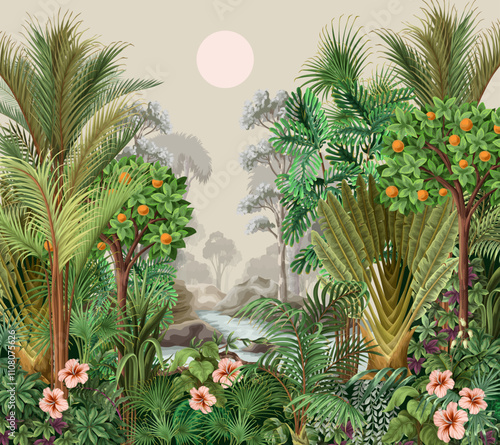 Jungle mural with different palm trees. Tropical vector.