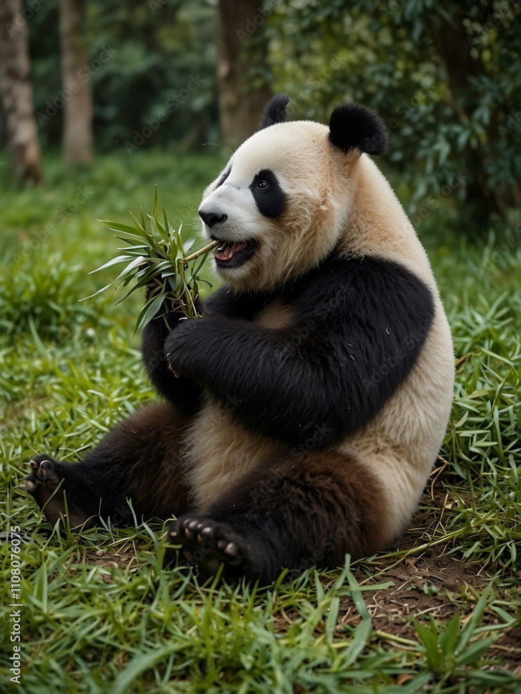 Obraz premium Panda munching bamboo in nature.
