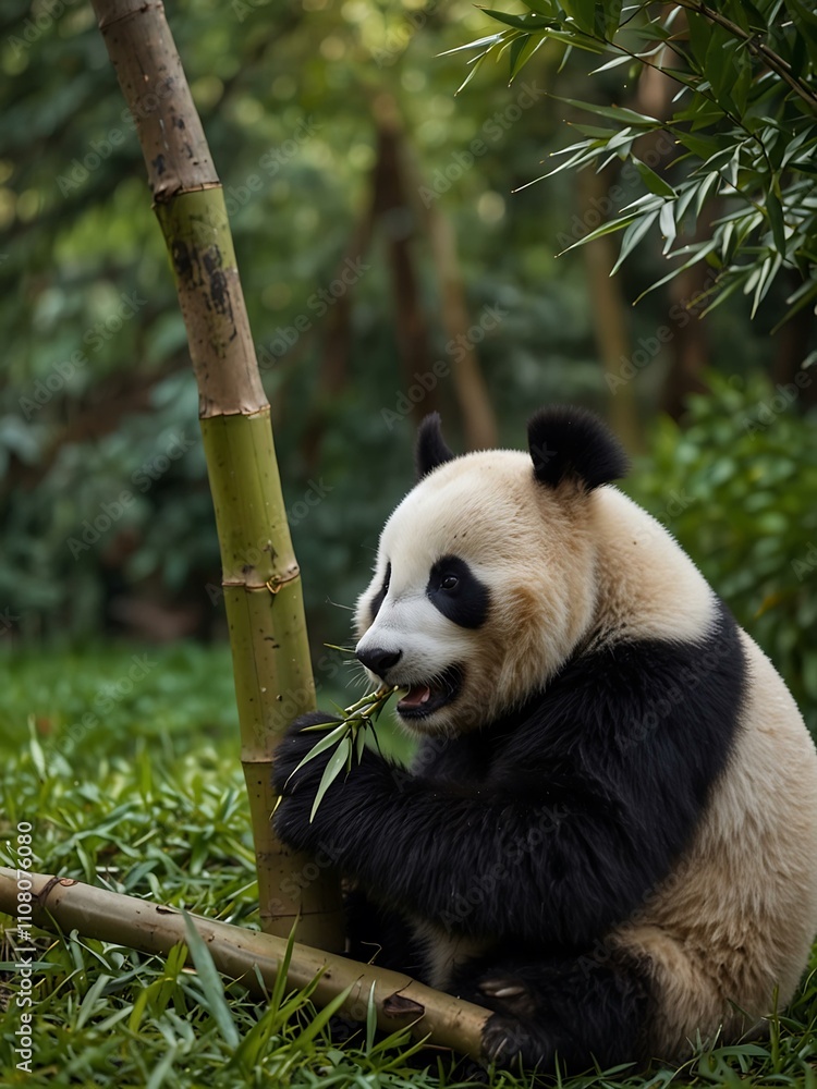 Obraz premium Panda munching bamboo in nature.
