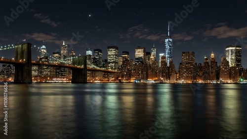 Panoramic night view of Manhattan, New York City.