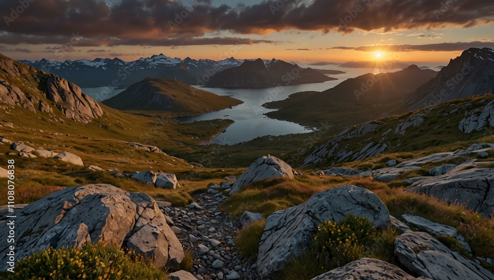 Obraz premium Panoramic sunset view of Husfjellet Mountain on Senja Island, Norway.