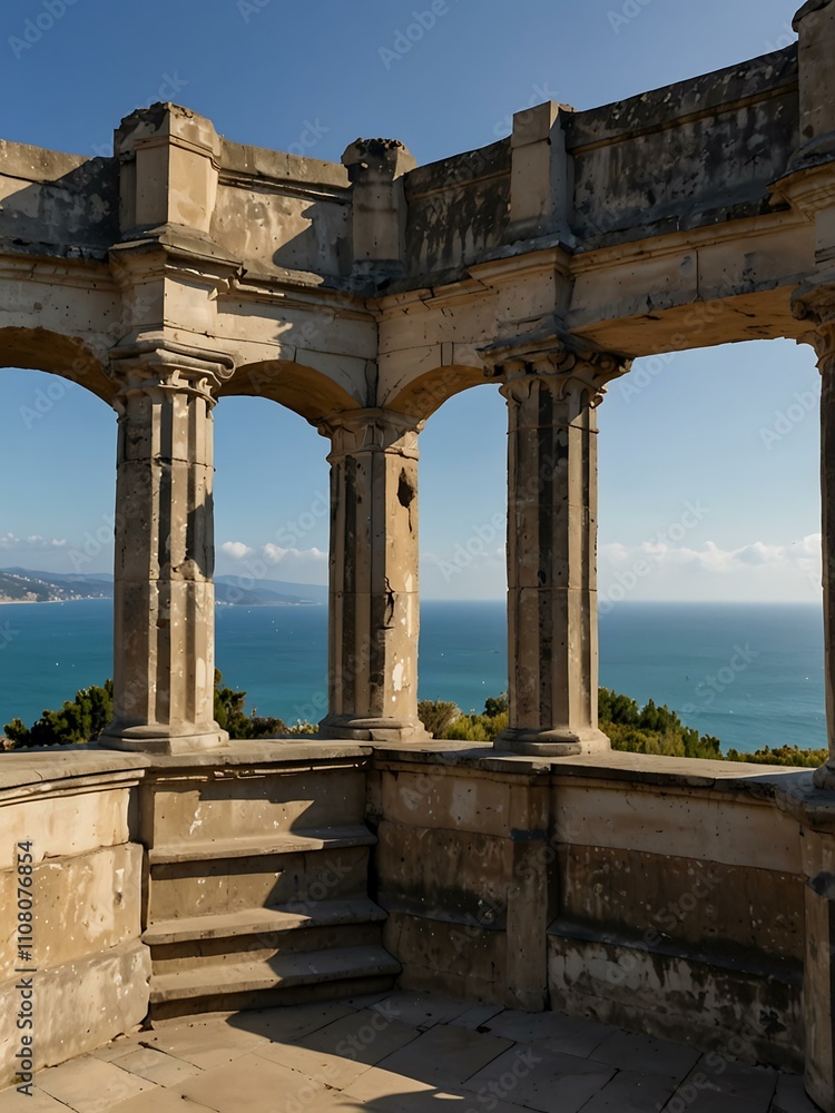Fototapeta premium Panoramic view from the top of a historic building, with the sea and coastline in the distance.