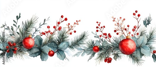 Festive Watercolor Christmas Frame with Fir Branches and Ornaments
