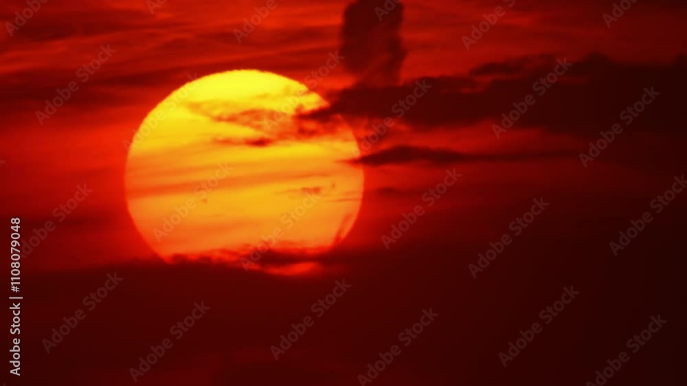 Apocalyptic cinematic big sun disk sun set behind dark dirty clouds timelapse. Dazzling hot sunset sun blasting through dark Armageddon clouds time lapse. Judgment day mood and atmosphere.