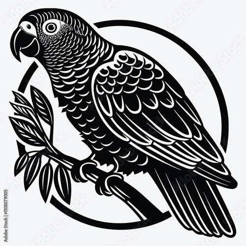 African Grey Parrot Silhouette White background illustration. Generative Ai