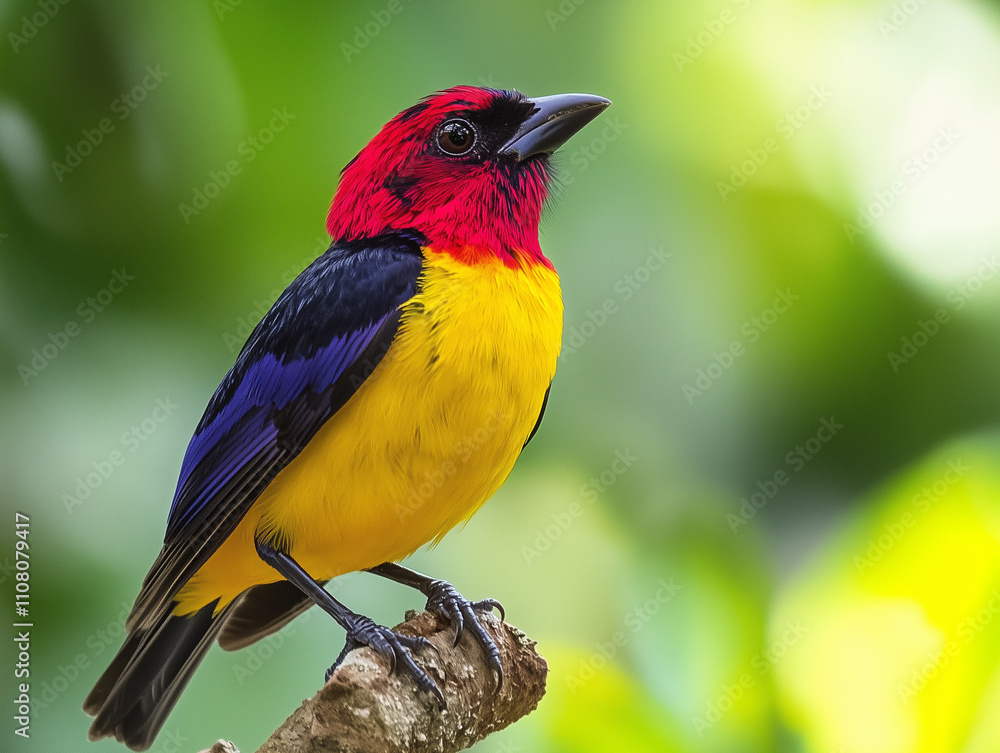 Fototapeta premium Close-up of a colorful tropical bird with vibrant plumage perched on a branch in lush green surroundings