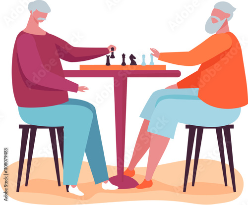 Two elderly men deeply focused on a chess game, embracing retirement with strategy and fun. Matching wits with board pieces carefully positioned, aiming for checkmate