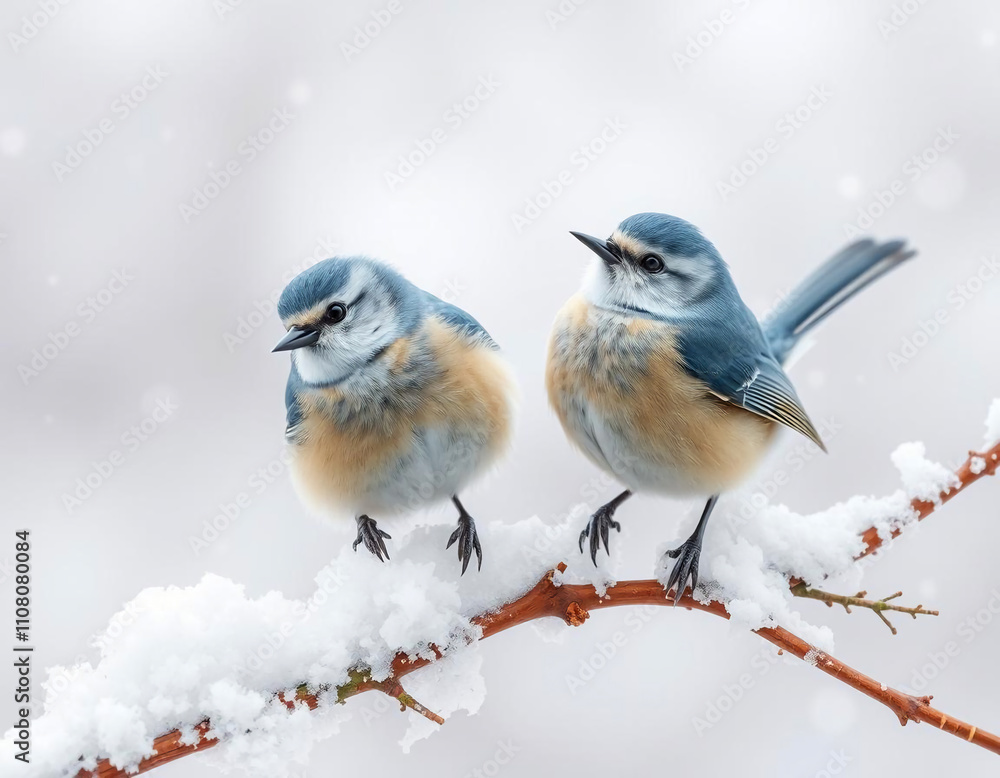 Naklejka premium Two Little blue titmouse birds on branch covered with snow. Christmas, New year eve and winter holiday scene. Xmas greeting card background. Bird protection concept 