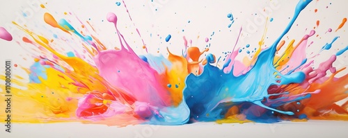 Colorful paint splashes explode on white background. Vibrant colors mix creating abstract art. Dynamic movement, bright hues make striking visual. Abstract art photo. Modern design background. Paint photo