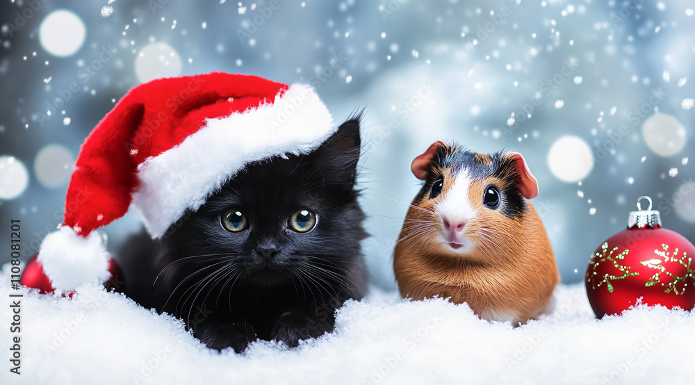 Cute black cat in Santa hat and guinea pig with Christmas ornament in winter snow setting Cute black cat in Santa hat and guinea pig with Christmas ornament in winter snow setting