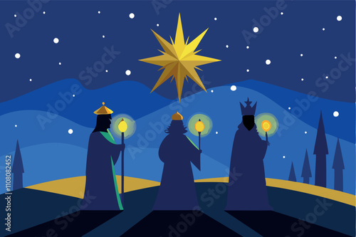 Reyes magos going to Bethlehem under the bright star in the night sky vector flat illustration