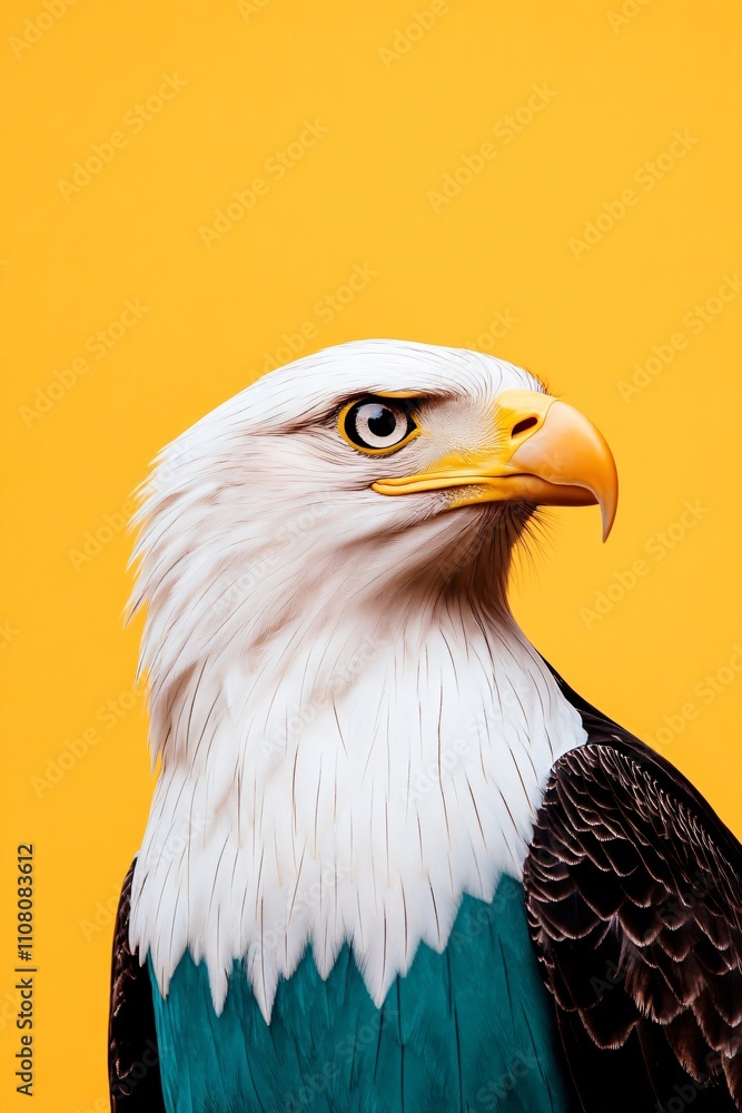 Fototapeta premium Majestic bald eagle portrait on vibrant yellow background. Striking close-up of national bird symbol. Powerful wildlife image for patriotic designs, nature posters, and animal conservation