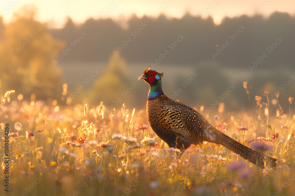 Fototapeta premium Pheasant standing in a lush meadow at golden hour, bathed in warm sunlight, with vibrant colours highlighting the bird’s plumage and the peaceful beauty of nature