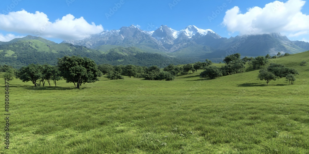Fototapeta premium Majestic snow-capped mountains overlooking lush green meadow with scattered trees. Scenic landscape of pristine nature. Serene wilderness for eco-tourism, hiking, and outdoor adventure.