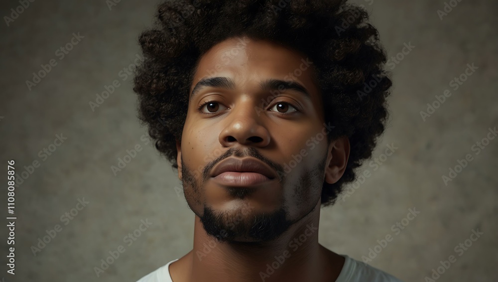 Fototapeta premium Pensive African American man with an afro, gazing upwards.