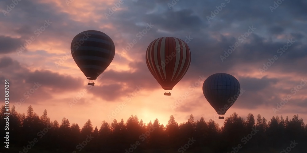 Obraz premium Colorful hot air balloons floating over forest at sunset. Scenic adventure travel concept. Dreamy sky landscape for tourism, vacation, or outdoor activities promotion.