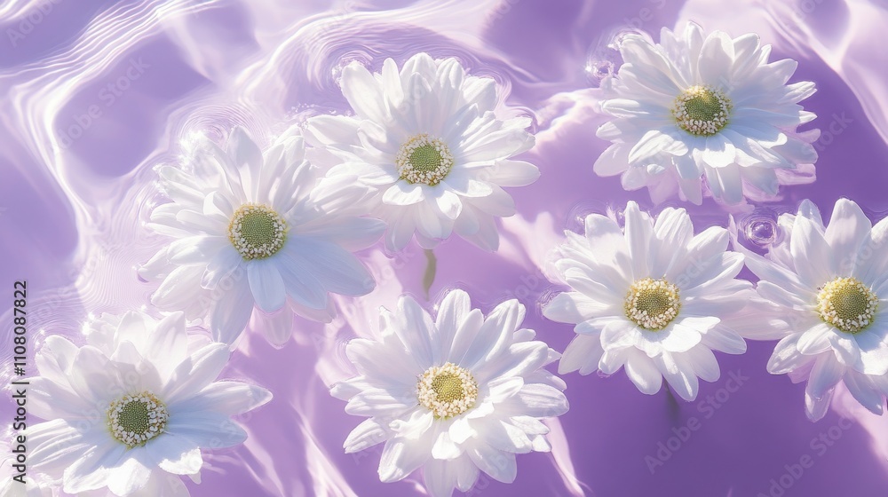 Fototapeta premium White flowers floating on pastel purple water with sun reflections, a flat lay for spring or spa themes. 