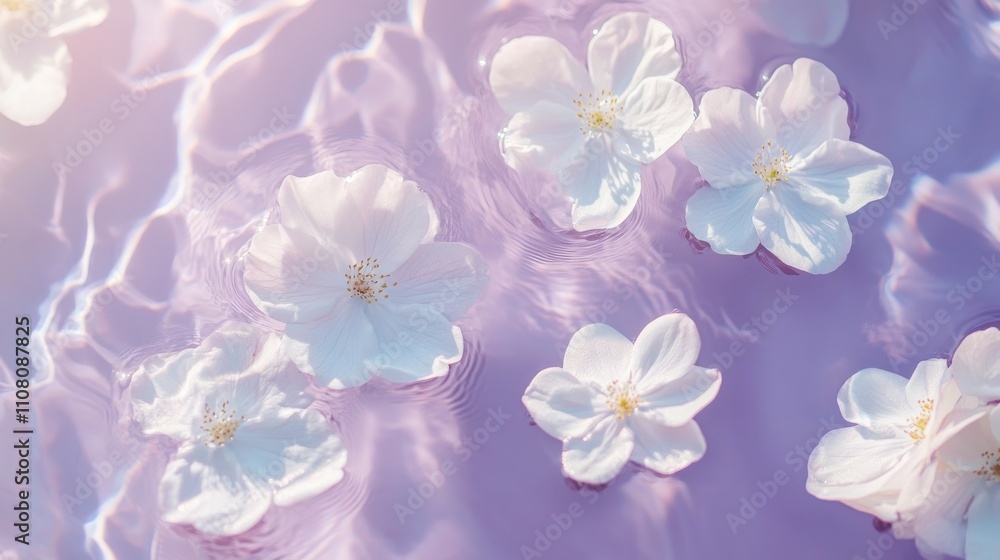 Fototapeta premium White flowers floating on pastel purple water with sun reflections, a flat lay for spring or spa themes. 