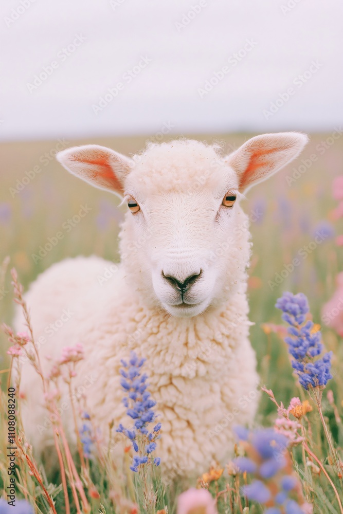 Fototapeta premium Adorable white lamb in blooming wildflower meadow. Cute farm animal portrait. Spring countryside scene. Rural lifestyle concept for agriculture, nature, and animal welfare