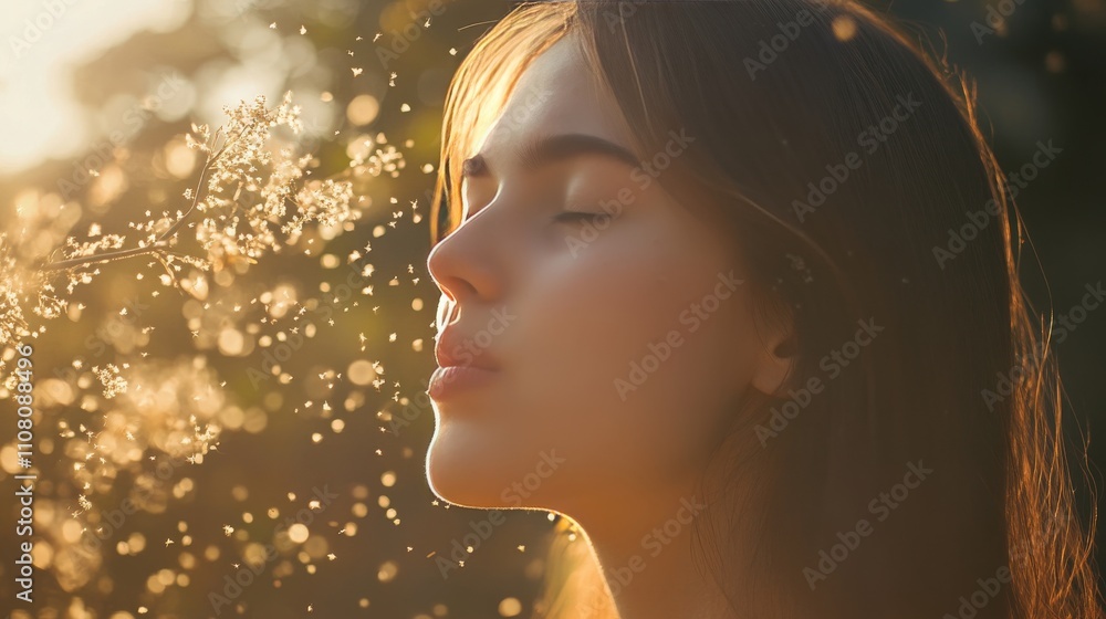 Fototapeta premium Allergic woman sneezes from pollen in spring, highlighting seasonal health issues