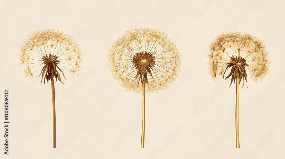 Fototapeta premium Elegant golden dandelion botanical poster collection for prints and packaging. 