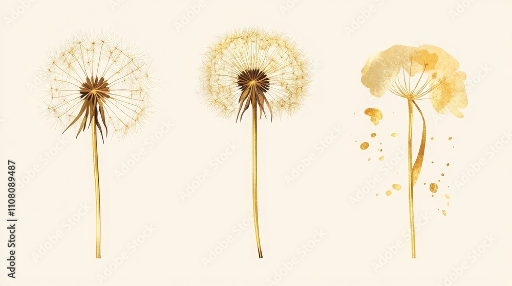 Fototapeta premium Elegant golden dandelion botanical poster collection for prints and packaging. 
