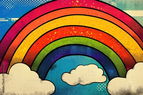 Colorful Rainbow with Clouds in Retro Comic Style photo