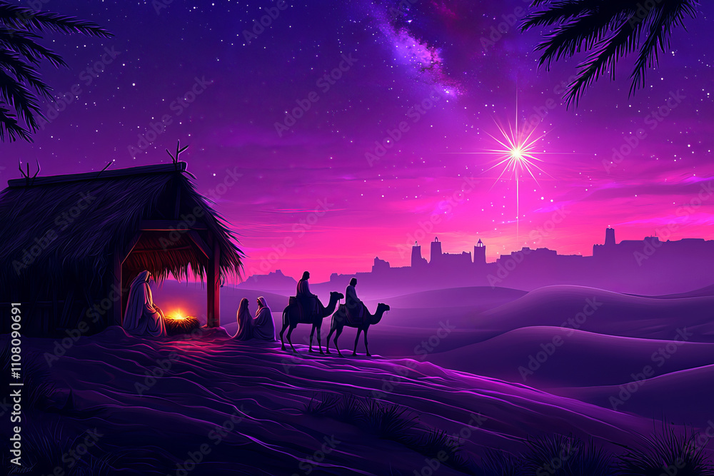 Naklejka premium tranquil nativity scene at dusk, showing Mary, Joseph, and baby Jesus in a rustic wooden shelter, with soft light casting their silhouettes. 
