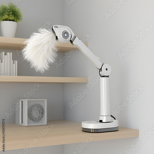 nnovative robotic cleaner with a feather duster design on a modern shelf photo