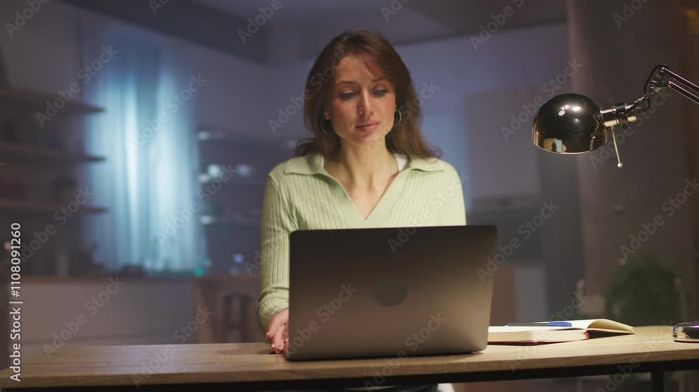 Attractive focused young woman sitting at desk and opening laptop for work in evening. Portrait of good-looking Caucasian girl working from home. Cozy apartment. Tracking moving around shot. Remote Attractive focused young woman sitting at desk and opening laptop for work in evening. Portrait of good-looking Caucasian girl working from home. Cozy apartment. Tracking moving around shot. Remote