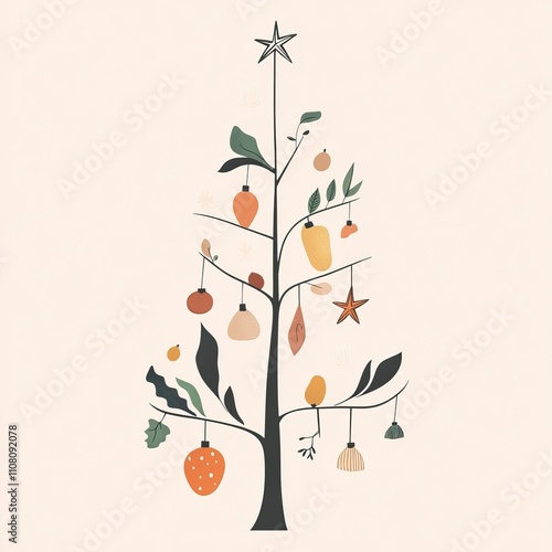 Minimalist Christmas Tree with Natural Ornaments Sustainable winter Holiday Decorations ,Winter seasson, Happy New Year, Happy christmass