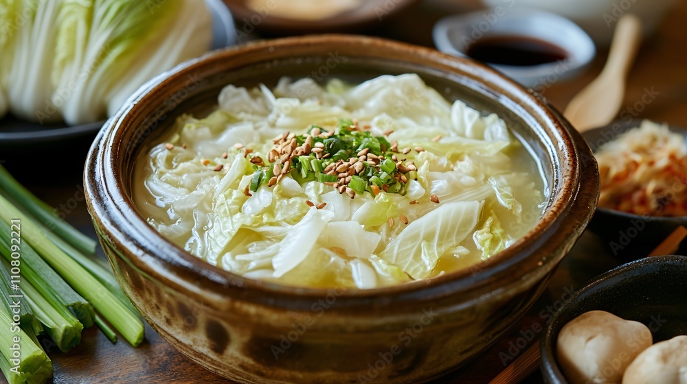 A large serving of cabbage soup in a rustic ceramic bowl, surrounded by fresh vegetables and soy sauce dishes A large serving of cabbage soup in a rustic ceramic bowl, surrounded by fresh vegetables and soy sauce dishes
