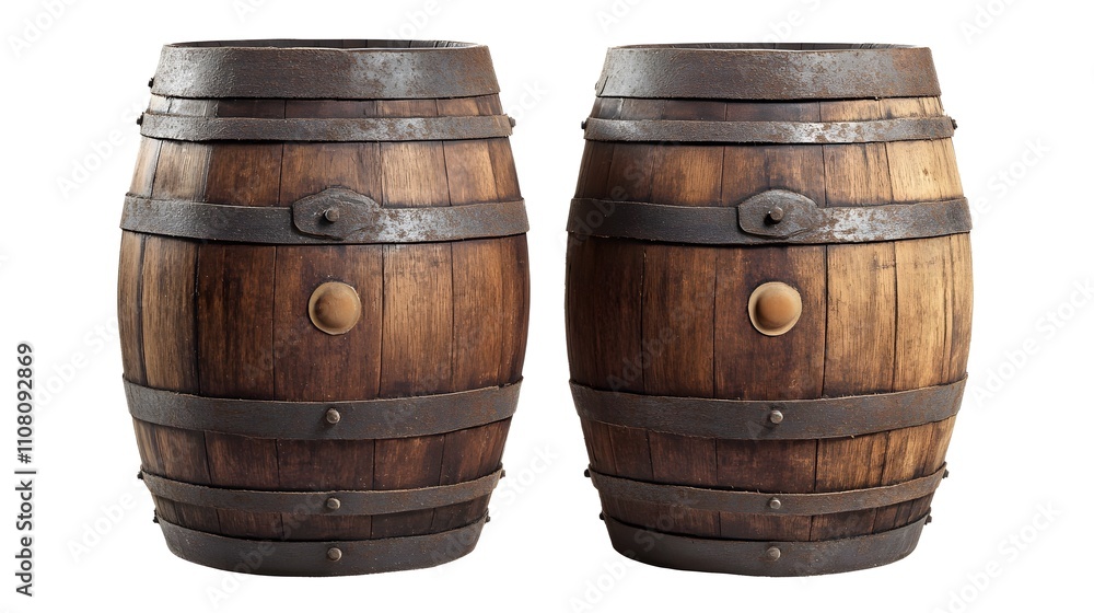 Obraz premium Two antique wooden barrels with metal bands isolated on white.