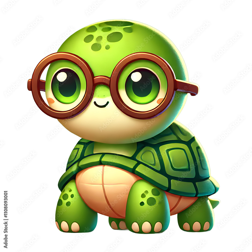 Obraz premium A cute cartoon turtle with big glasses, a green shell, and a friendly smile, looking adorable.