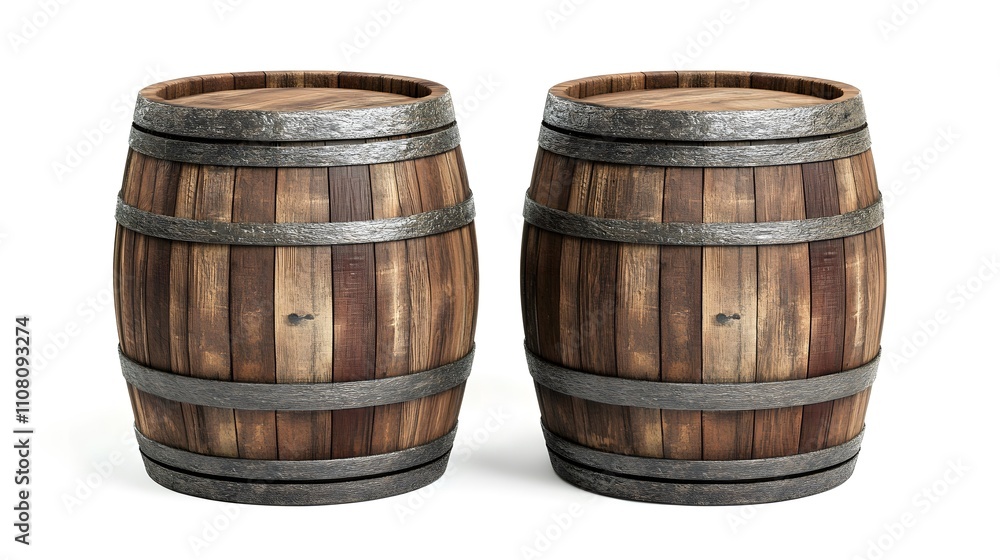 Fototapeta premium Two wooden barrels with metal bands, isolated on white background.