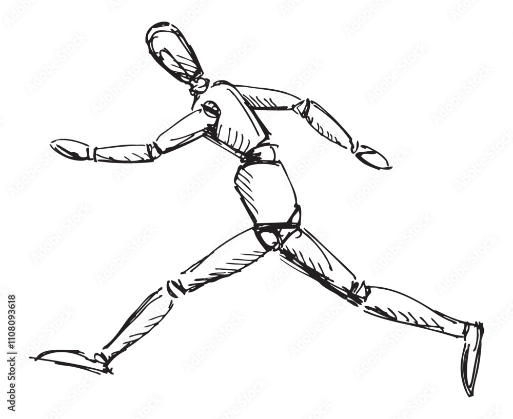 Fototapeta premium Contour hand drawing of running human figure, wooden doll, mannequin, sketch, vector illustration isolated on white