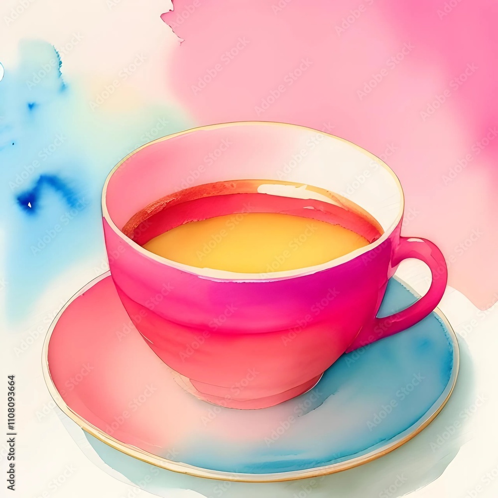 Fototapeta premium Pink cup of coffee on colorful background. Watercolor style.