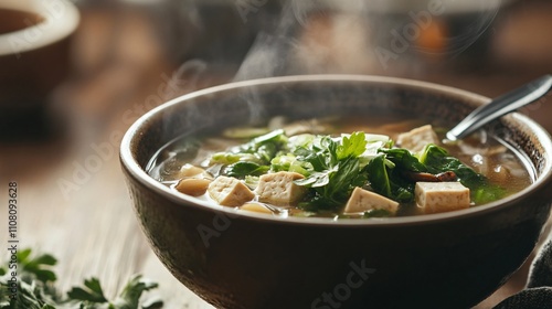 Close up of a steaming bowl of soup with napa cabbage, shiitake mushrooms, and tofu, served with a porcelain spoon