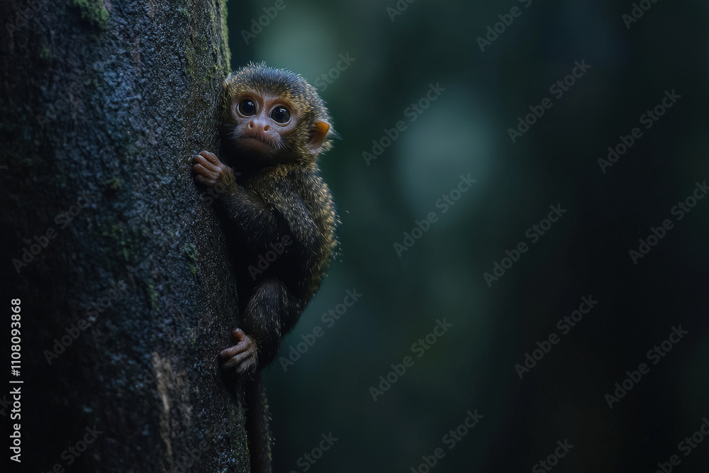 Obraz premium Tiny Monkey Clinging to Tree in Shadowy Jungle
