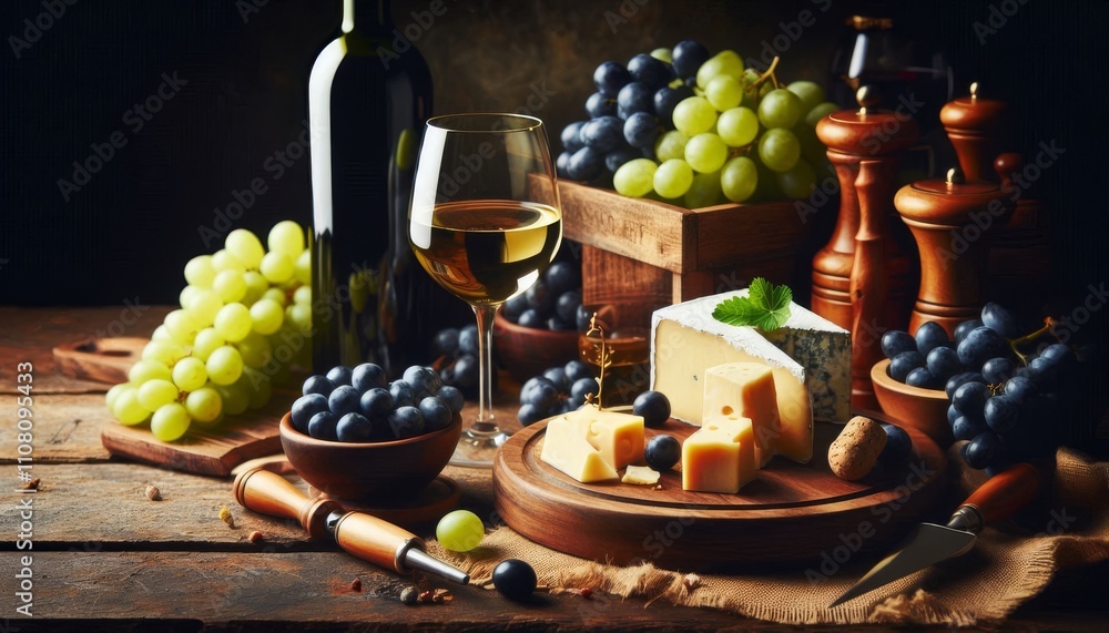 Obraz premium Elegant wine and cheese pairing with grapes on rustic wooden table 
