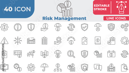 Risk Management Icon Collection Set. Containing Graph, Money, Analytics, And More. Editable Stroke.