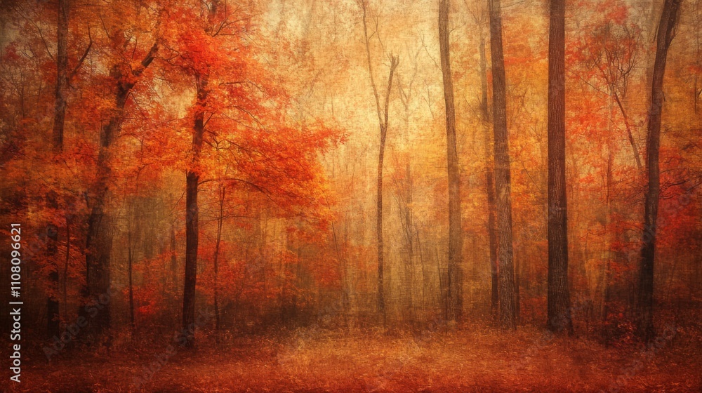 Obraz premium A Misty Autumn Forest with Vivid Red and Orange Foliage